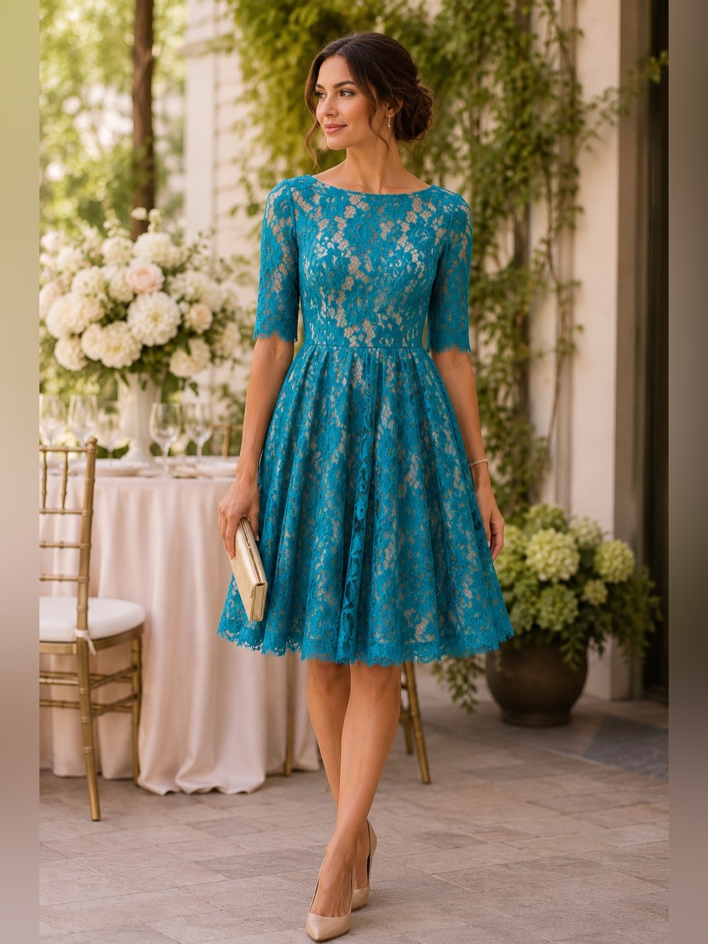 Monique Lhuillier Teal Floral Lace Dress Size 2 Nude Lined Fit Flare Cocktail